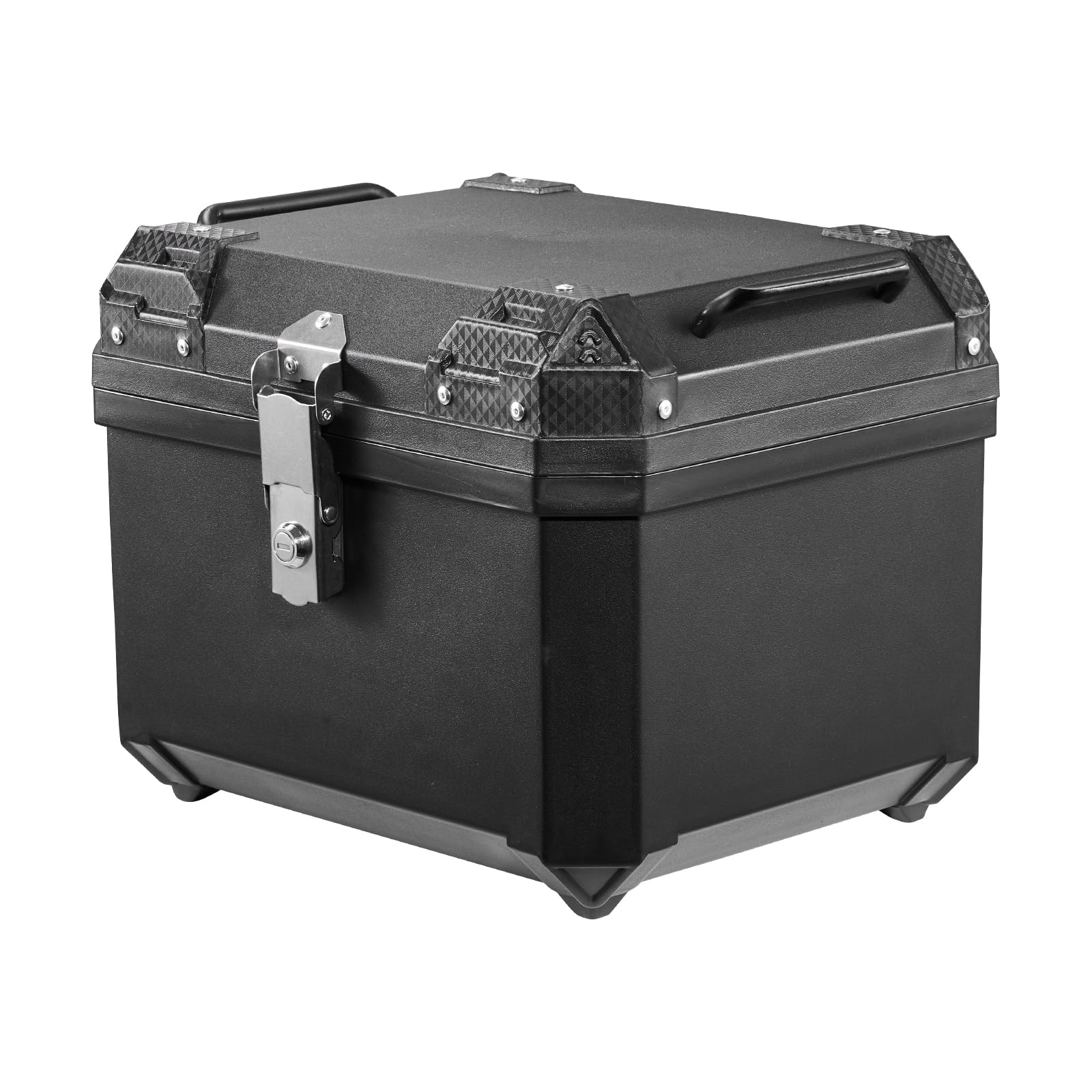VEVOR top case next to a helmet showing size scale and packing clarity