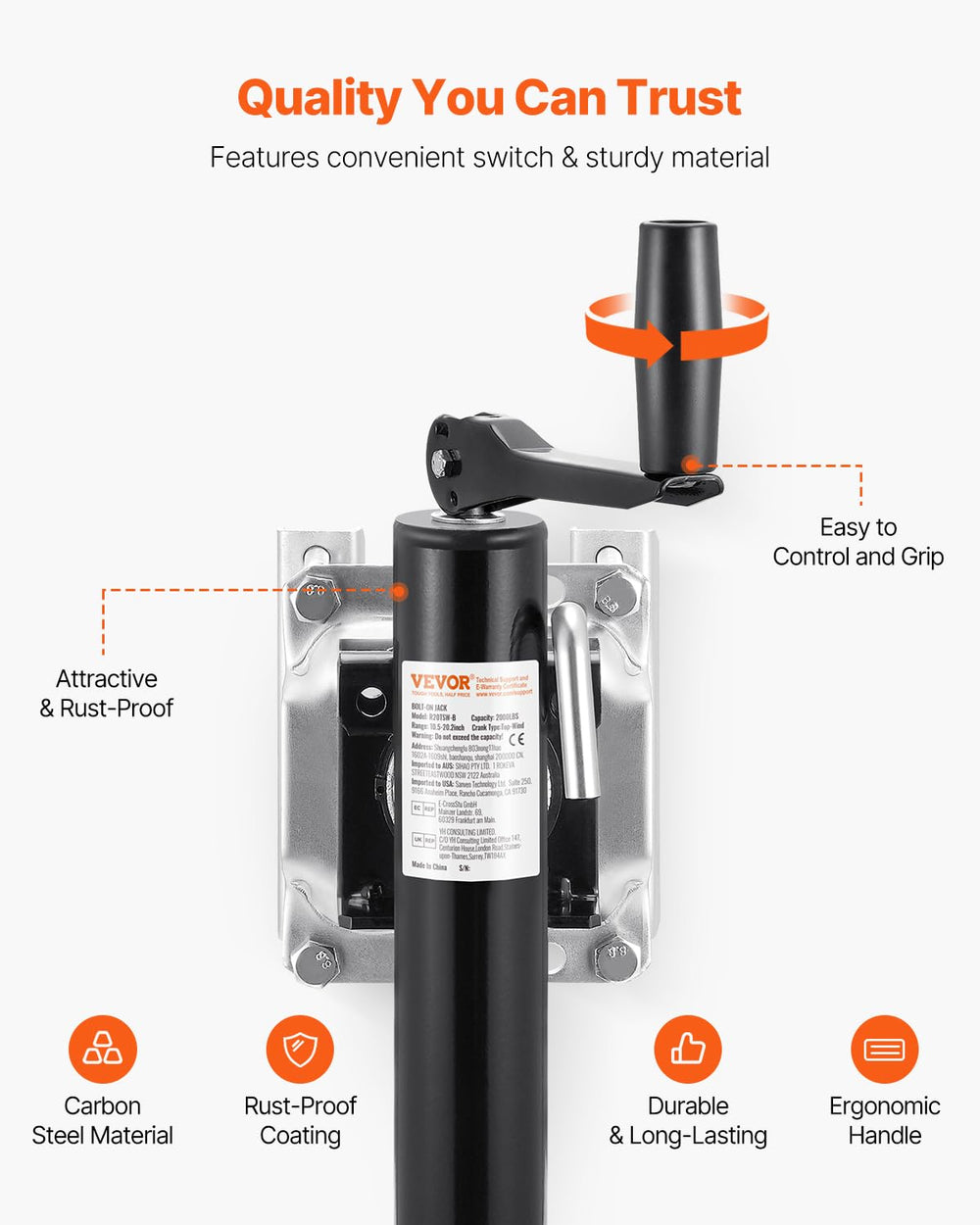 VEVOR galvanized finish detail illustrating rust-resistant protection benefit