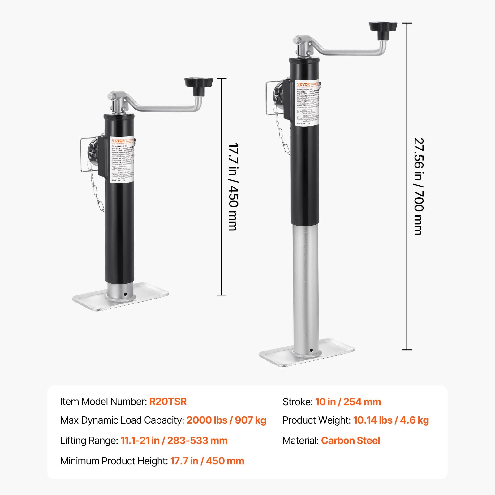 VEVOR measuring lift range showing 11.1 to 21 inch adjustability benefit