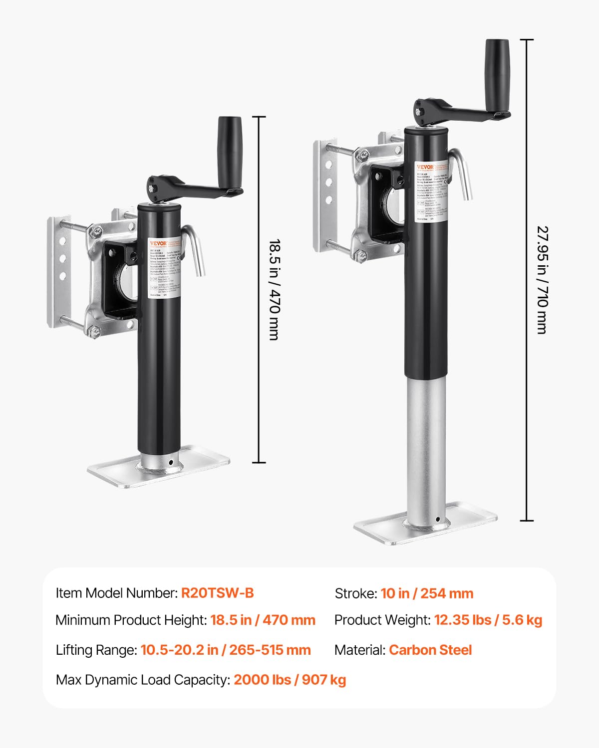 VEVOR jack extended to show full lift range for versatile height adjustment