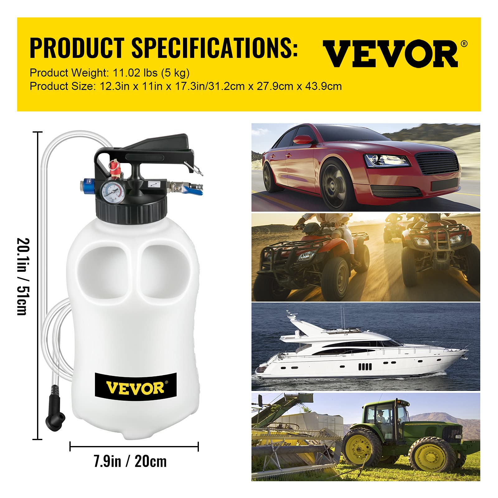 VEVOR pump beside hands demonstrating compact 10L scale and portability benefit