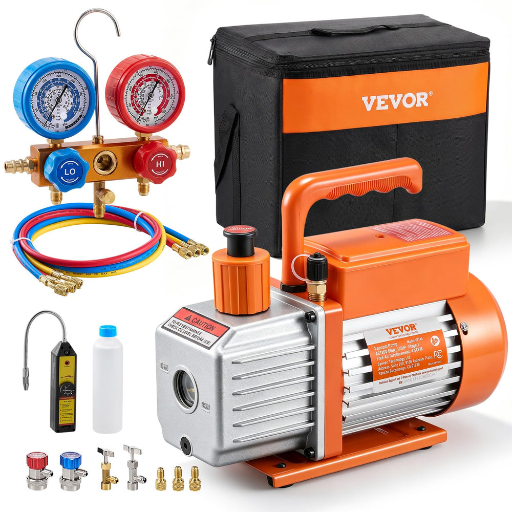 VEVOR vacuum pump front view showing compact design and portability benefit