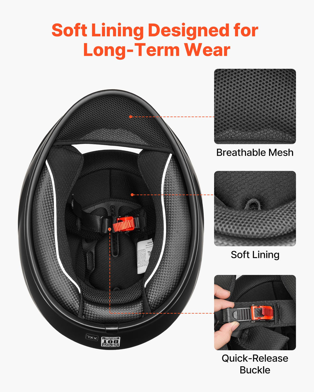 VEVOR helmet ventilation top and rear showing airflow for reduced heat