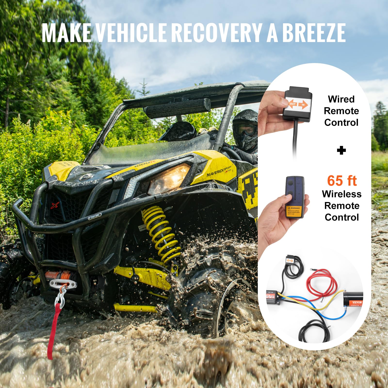 VEVOR wireless remote held outdoors illustrating remote control up to 20 meters