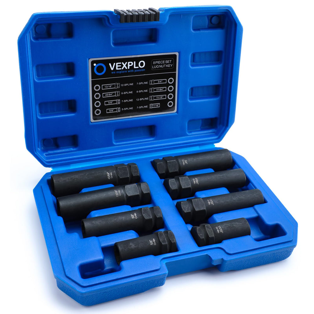 VEXPLO front packaging showing 8-piece lug key set, organized and portable