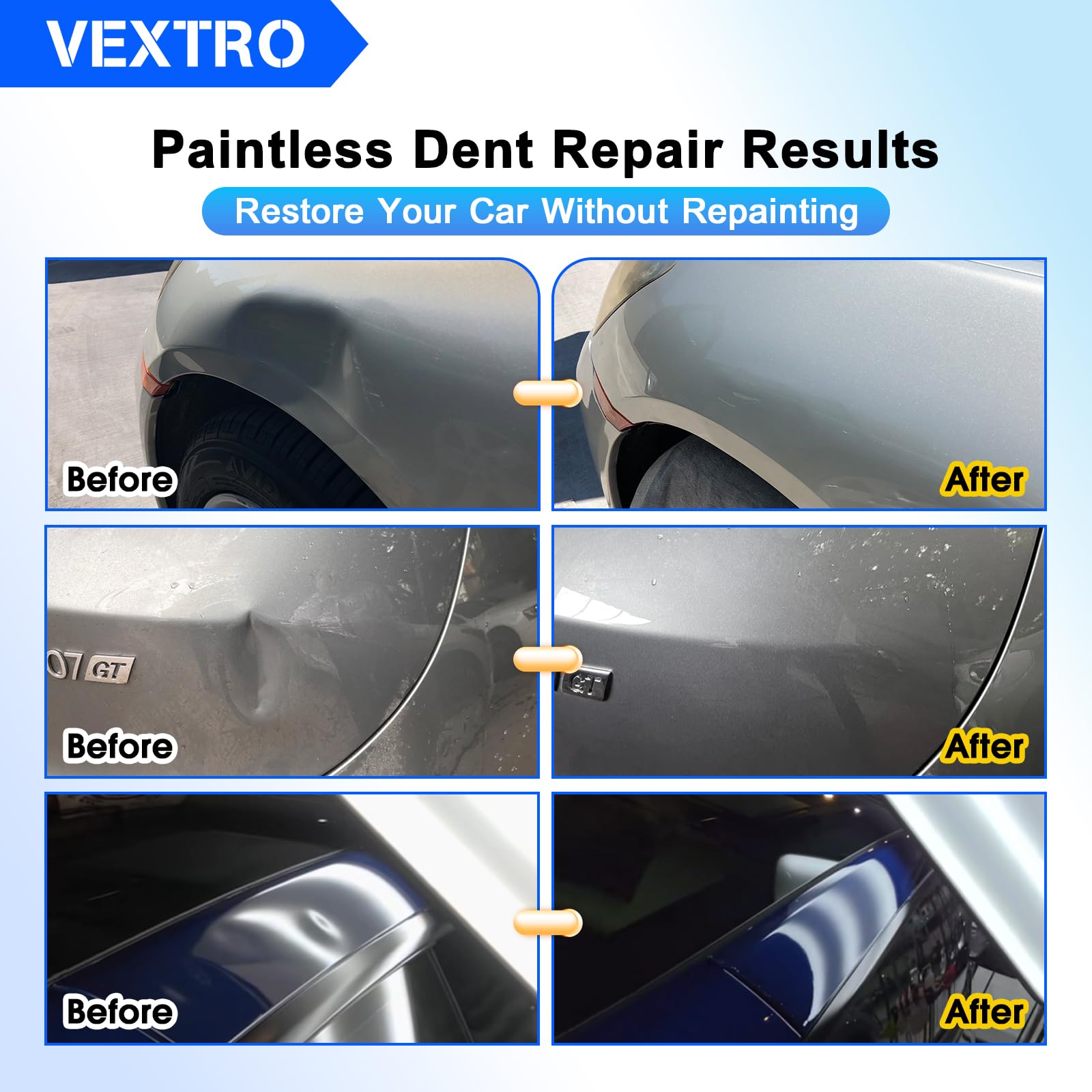 VEXTRO dent puller tools arranged to display T-bar, lifter, and bridge puller for precise control