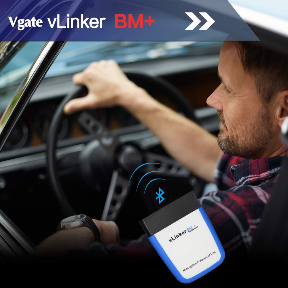 Vgate vLinker BM+ in garage scene with laptop and phone for professional diagnostics
