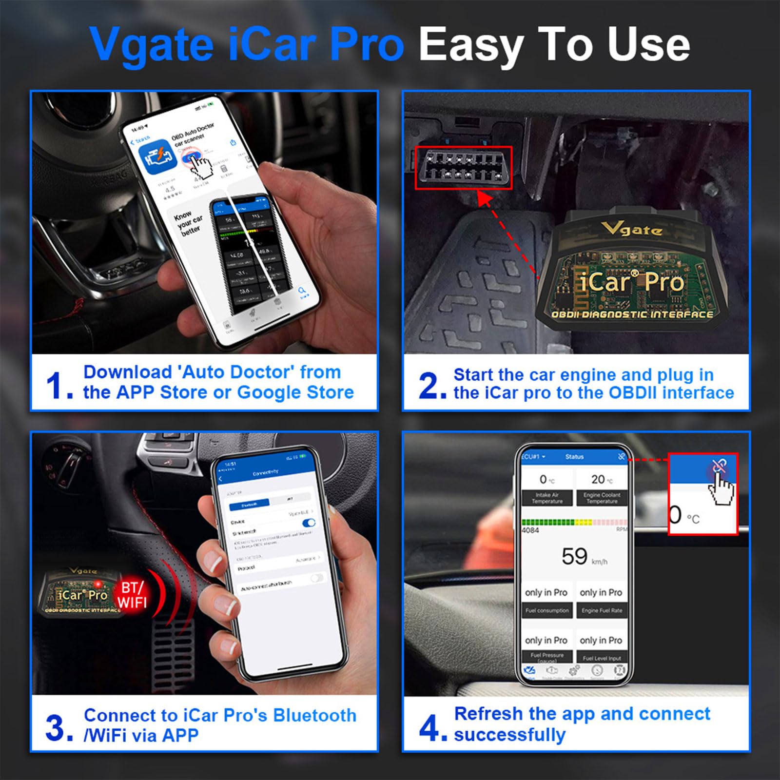 JUTA Vgate iCar Pro in garage scene with car and tablet illustrating at-home troubleshooting