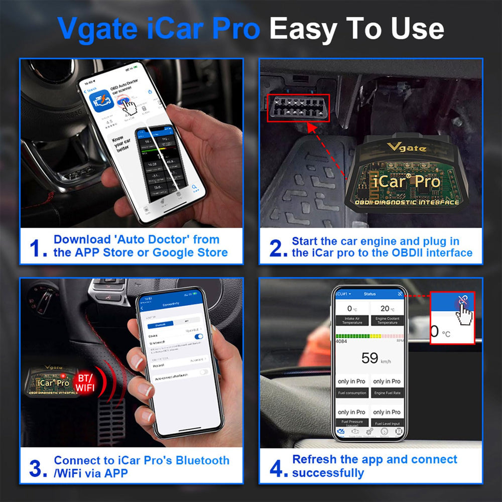 JUTA Vgate iCar Pro in garage scene with car and tablet illustrating at-home troubleshooting