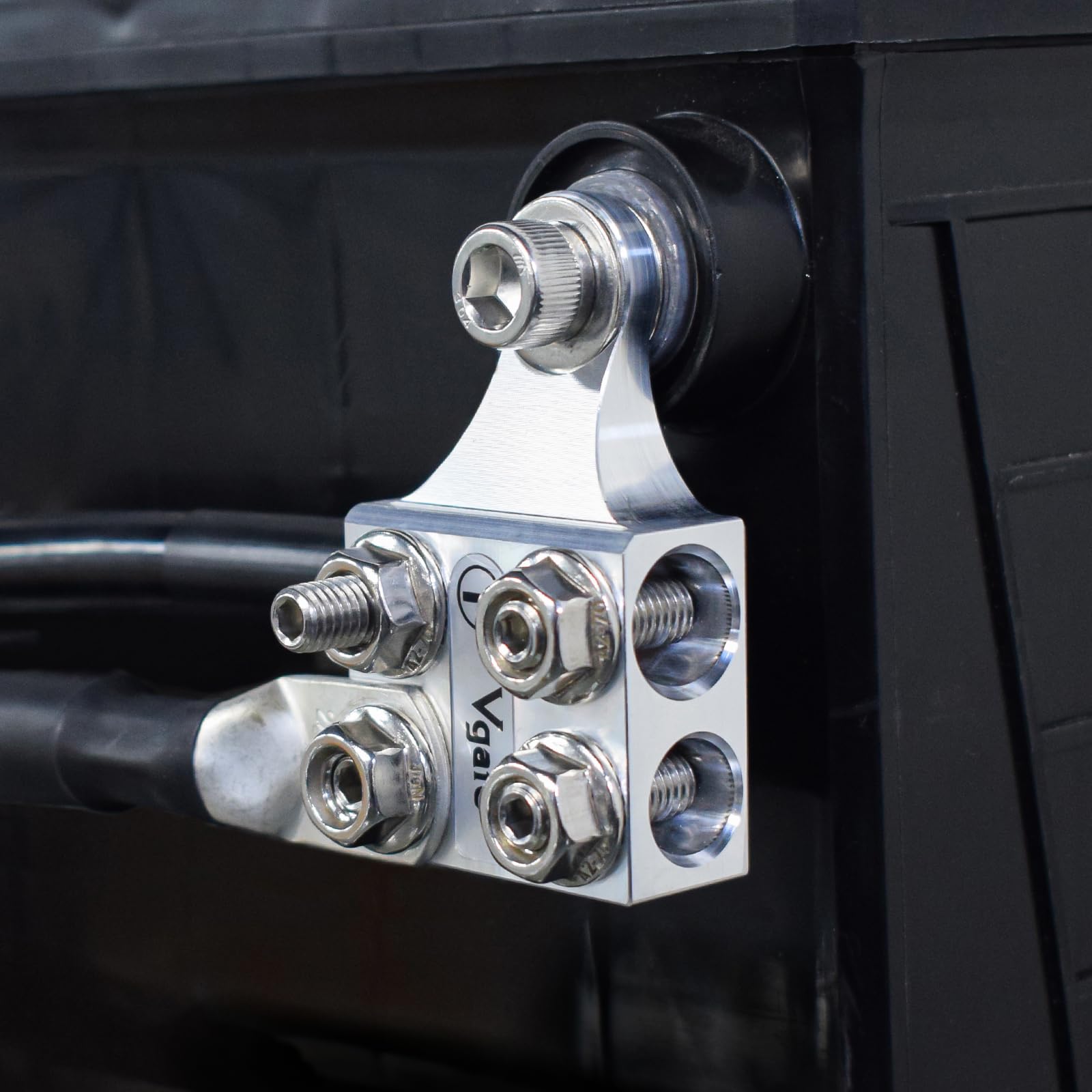 Vgate mounted on boat battery compartment showing marine-grade neat power distribution benefit