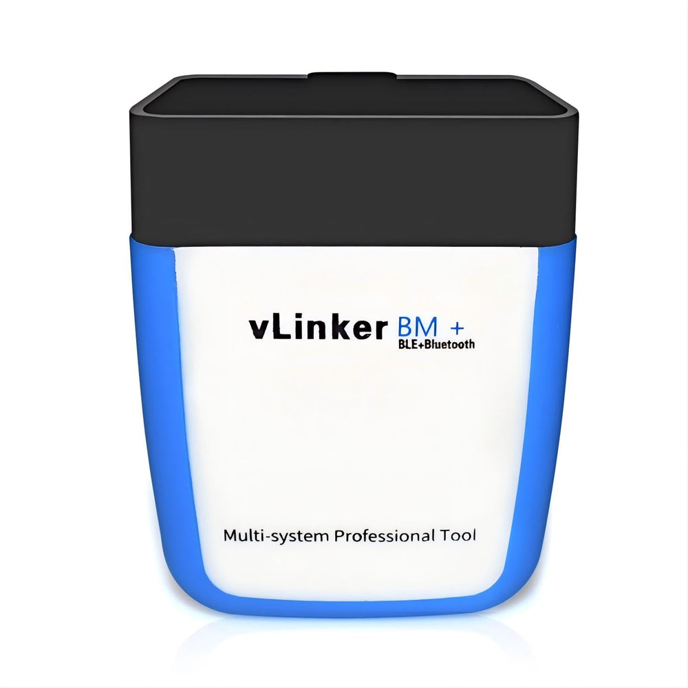 Vgate vLinker BM+ front view showing compact adapter and branding for quick installation