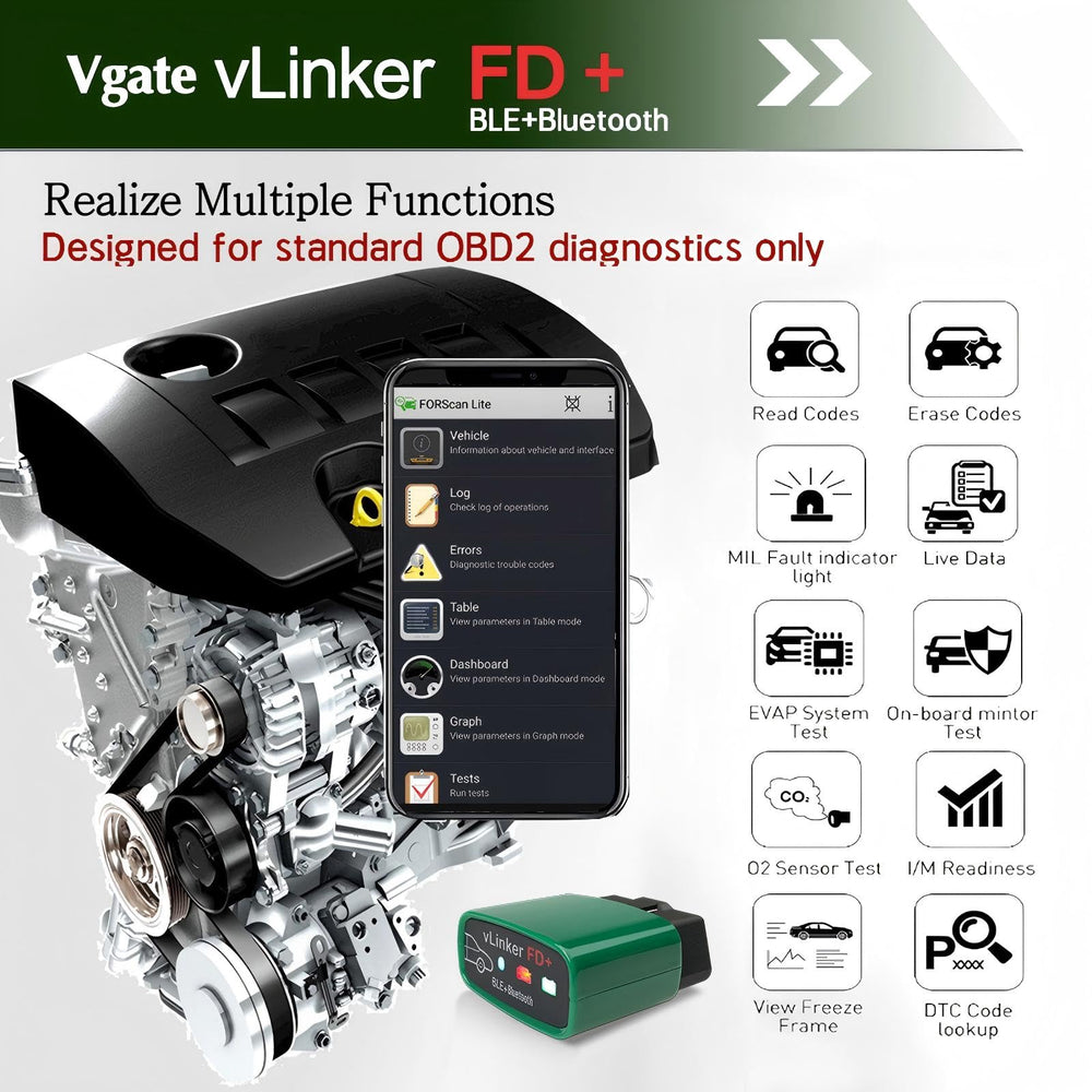 Vgate vLinker FD+ in garage setting illustrating practical workshop use