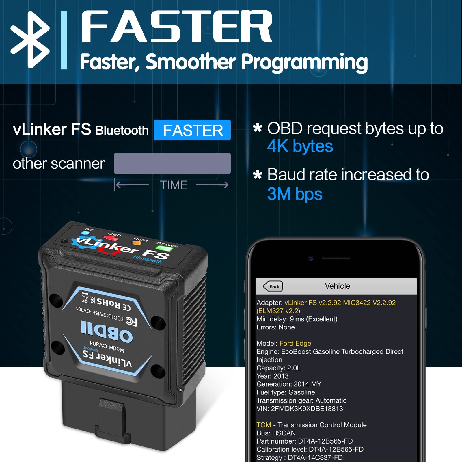 Vgate vLinker FS next to a car key showing compact size and portability benefit