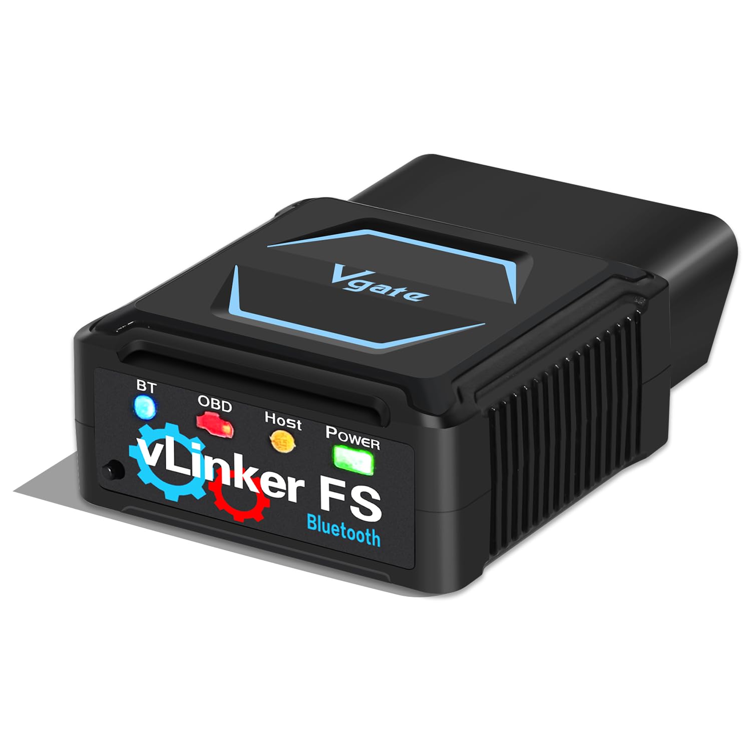 Vgate vLinker FS front view showing compact Bluetooth adapter and indicator light