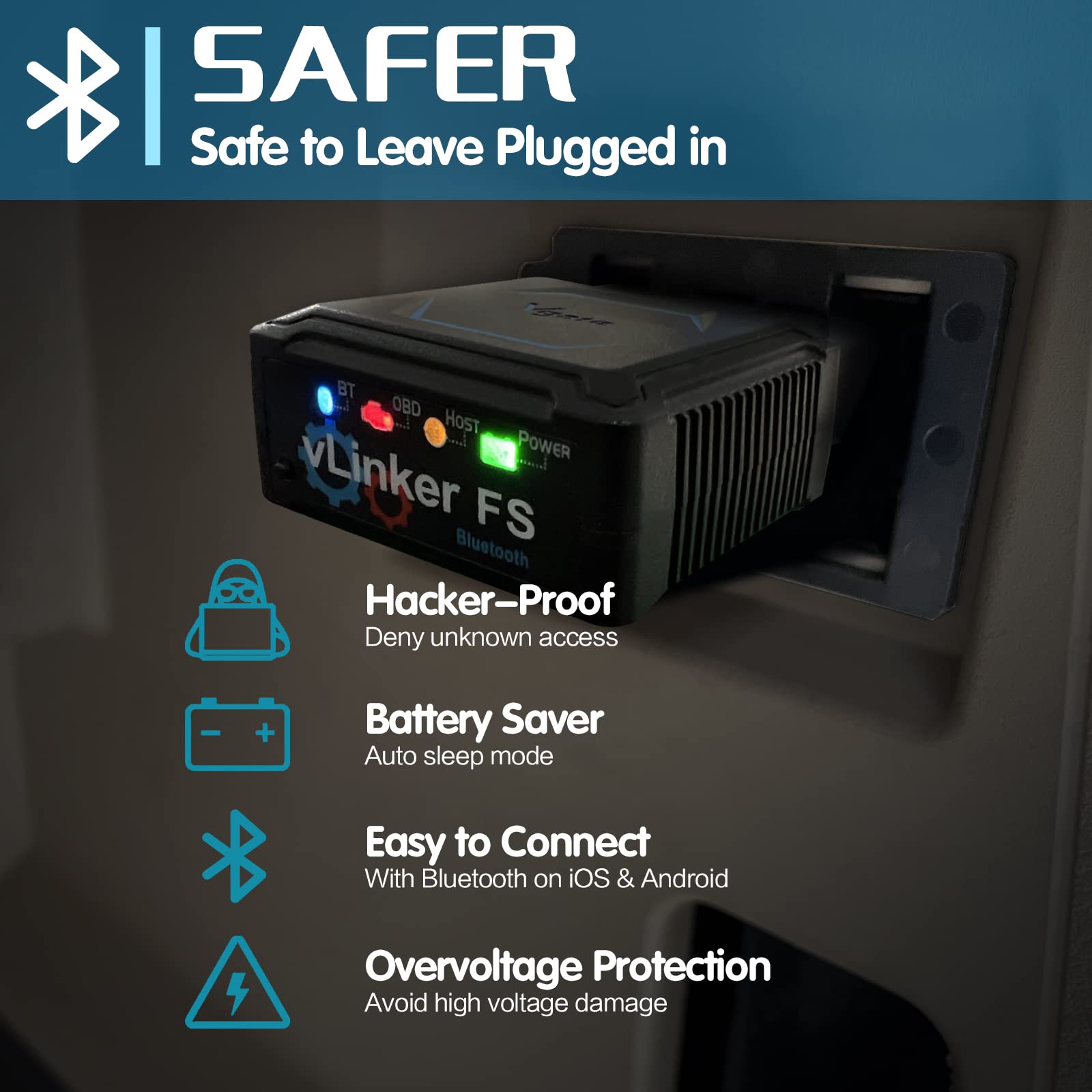 Vgate vLinker FS gold-plated OBD pins close-up for stable conductivity benefit
