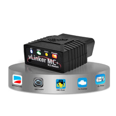 Vgate vLinker MC+ front view showing compact Bluetooth adapter and durable casing benefit