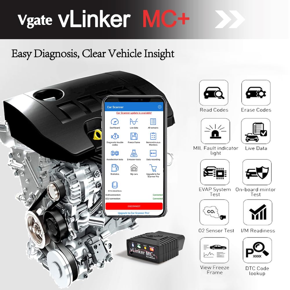 Vgate vLinker MC+ paired with iPhone showing cross-platform Bluetooth connectivity benefits