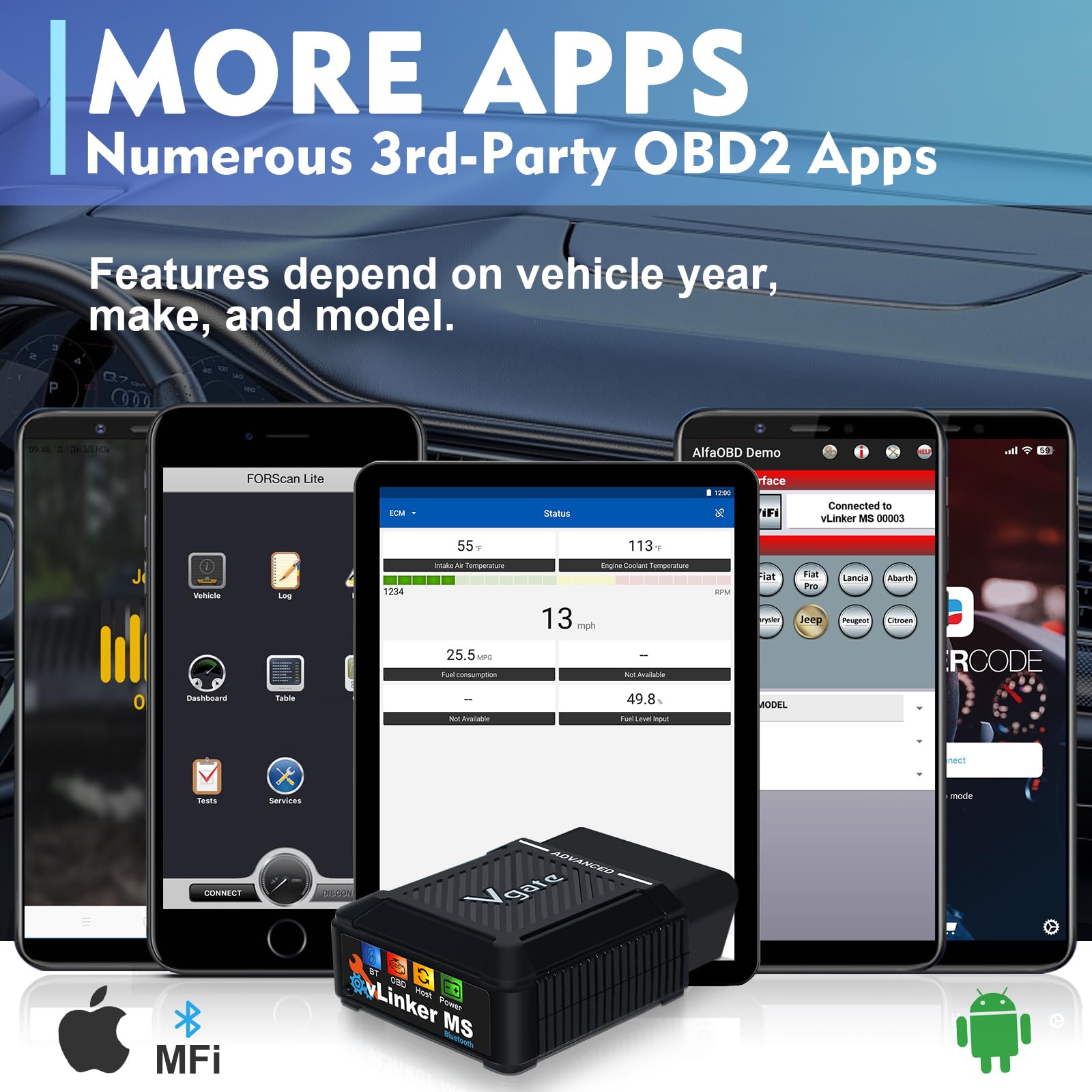 Vgate vLinker MS plugged into car OBD2 port demonstrating wireless diagnostics on-the-go
