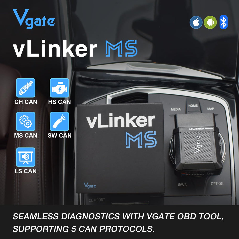 Vgate vLinker MS next to car key for scale showing compact size and convenient storage