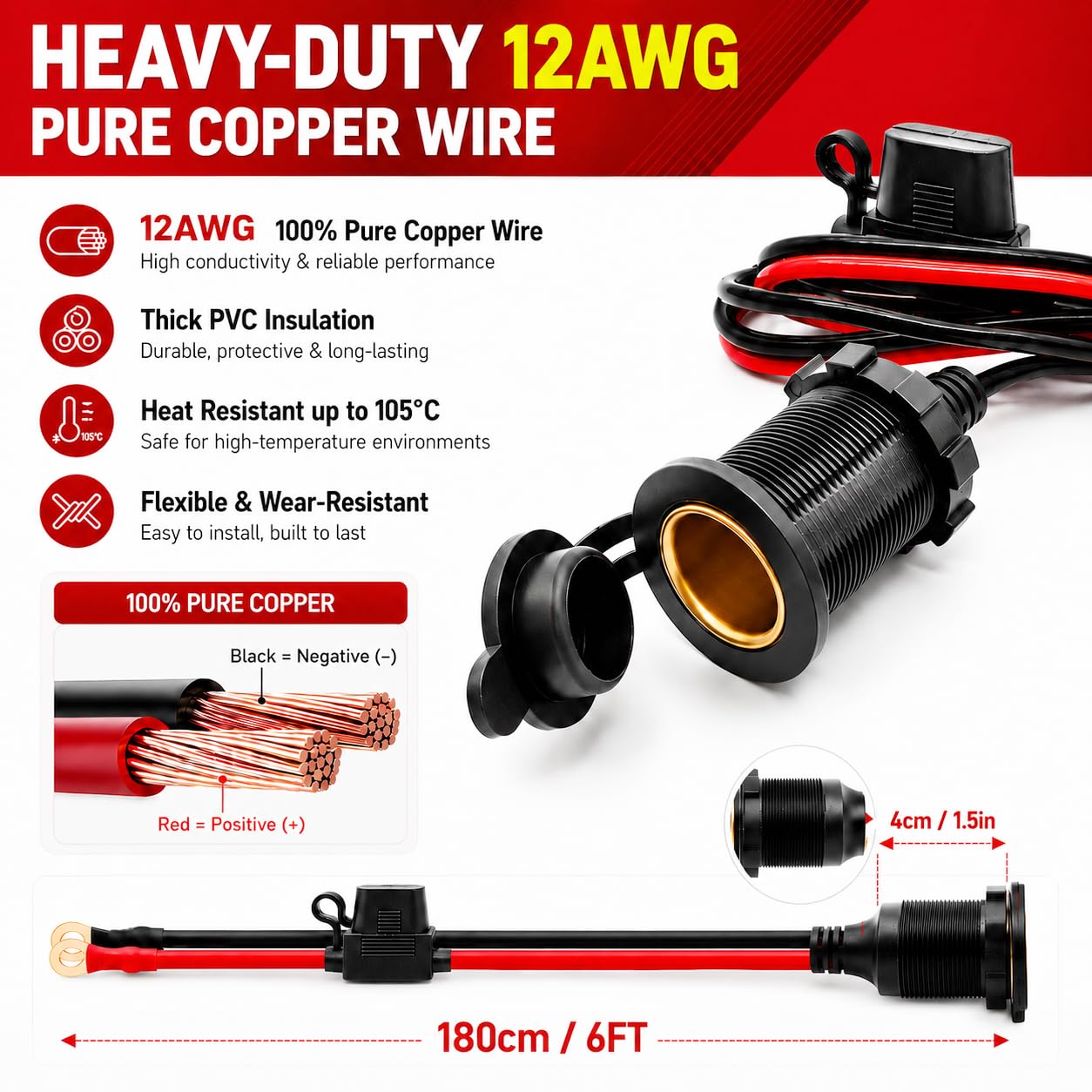 vgoviwin 12AWG cable with red and black ring terminals for safe battery connection