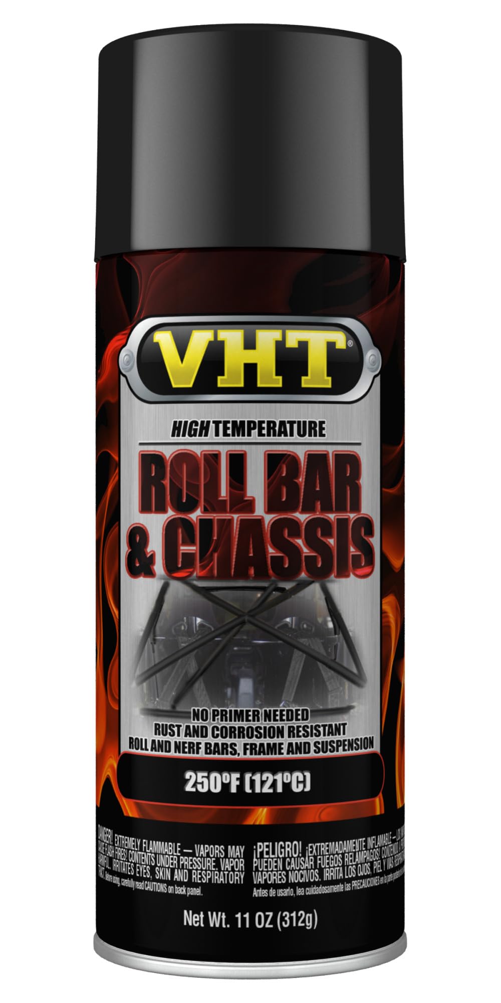 VHT aerosol can front view showing gloss black finish and durable protection