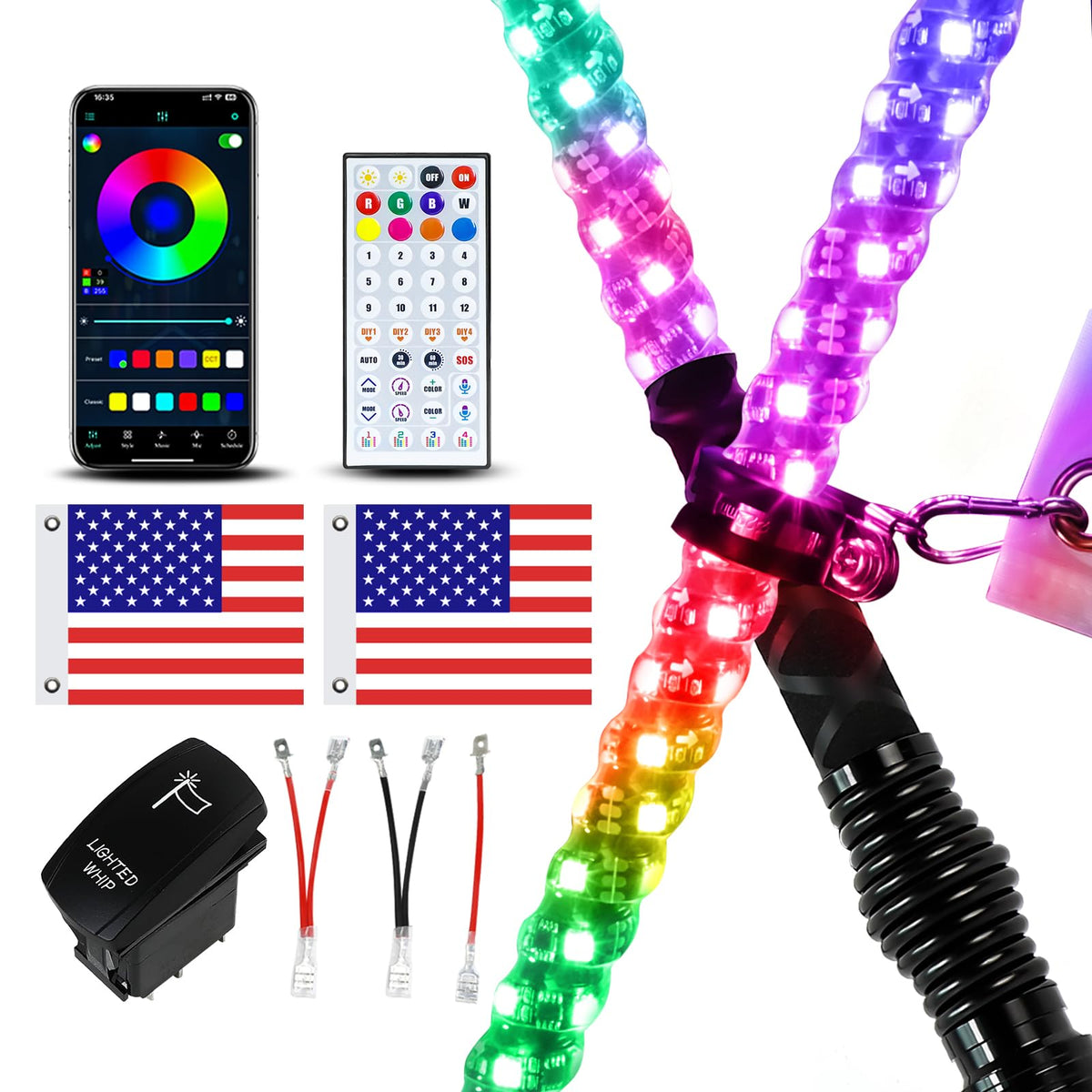 VI9000 dual whip lights front view showing bright RGB illumination and visibility