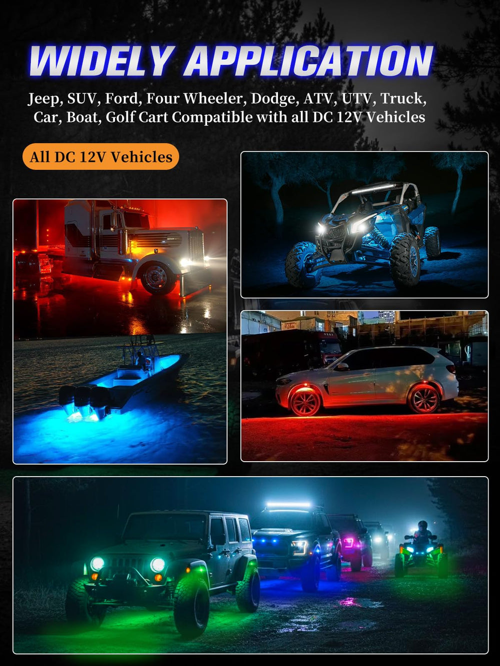 VI9000 truck driving at night with multicolor underglow for style benefit