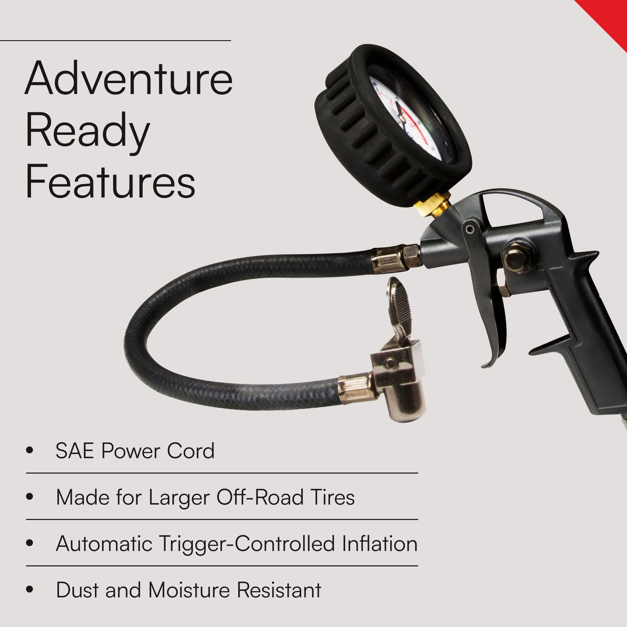 VIAIR 400P-A EF connected to a truck tire in use, fast inflation on trail