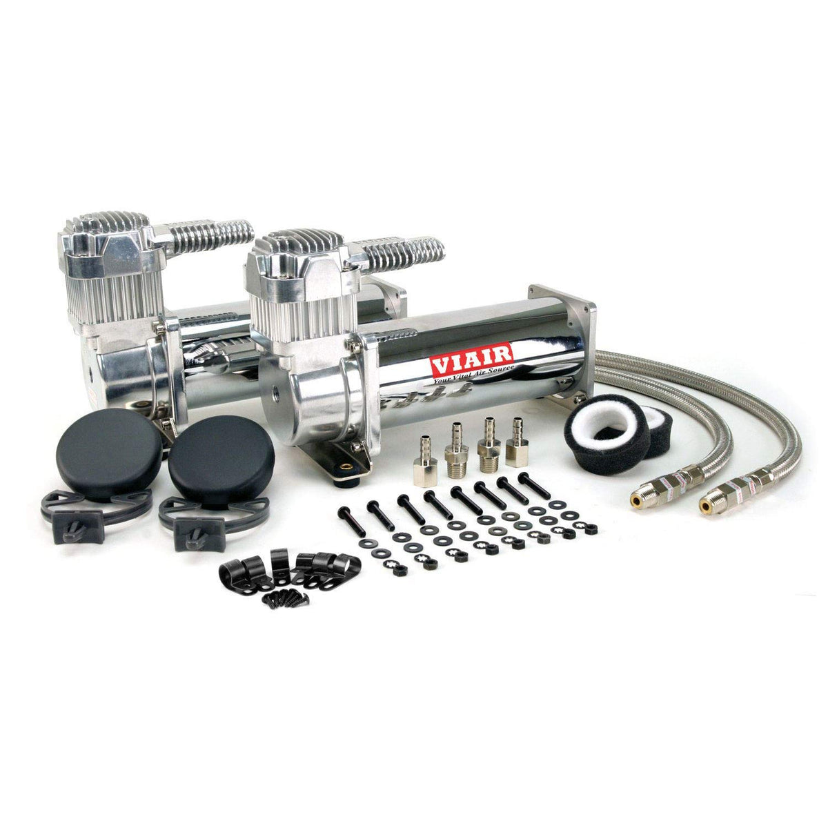 VIAIR 444C dual-pack chrome front view showing compact units and fast-fill benefit