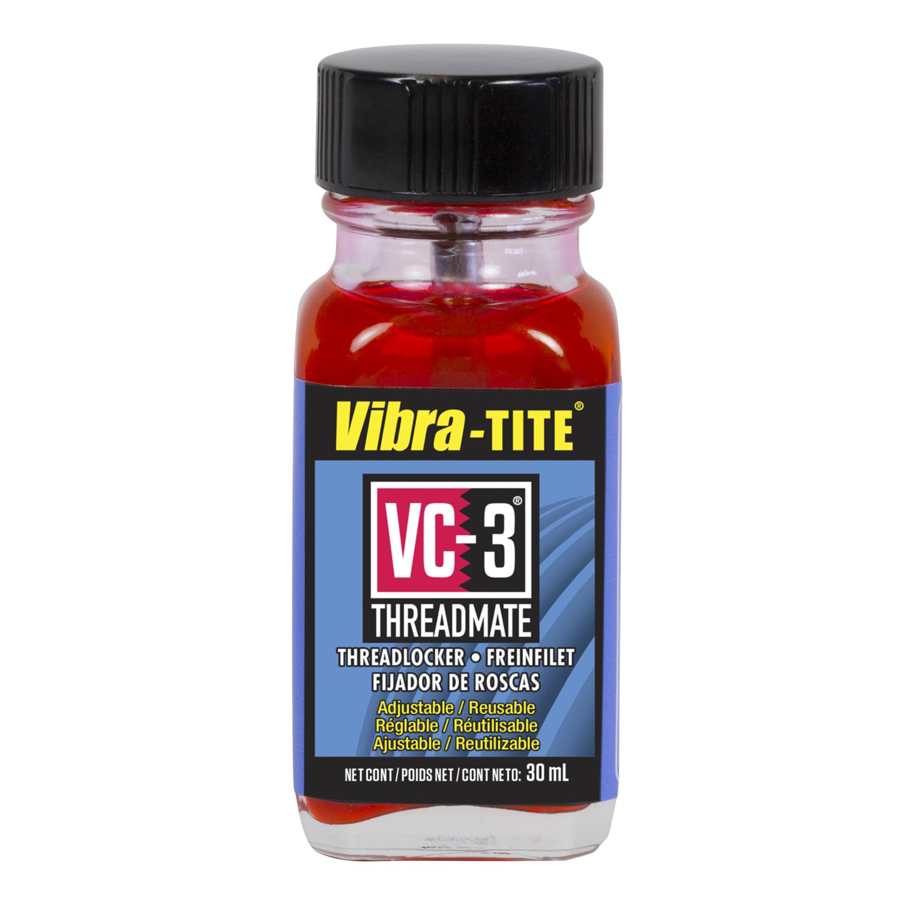 Vibra-TITE VC-3 front bottle showing label and red threadlocker useful for fasteners