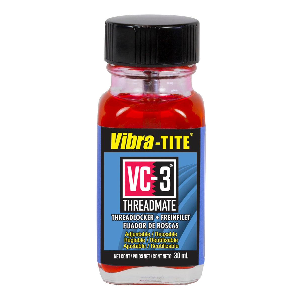 Vibra-TITE VC-3 front bottle showing label and red threadlocker useful for fasteners