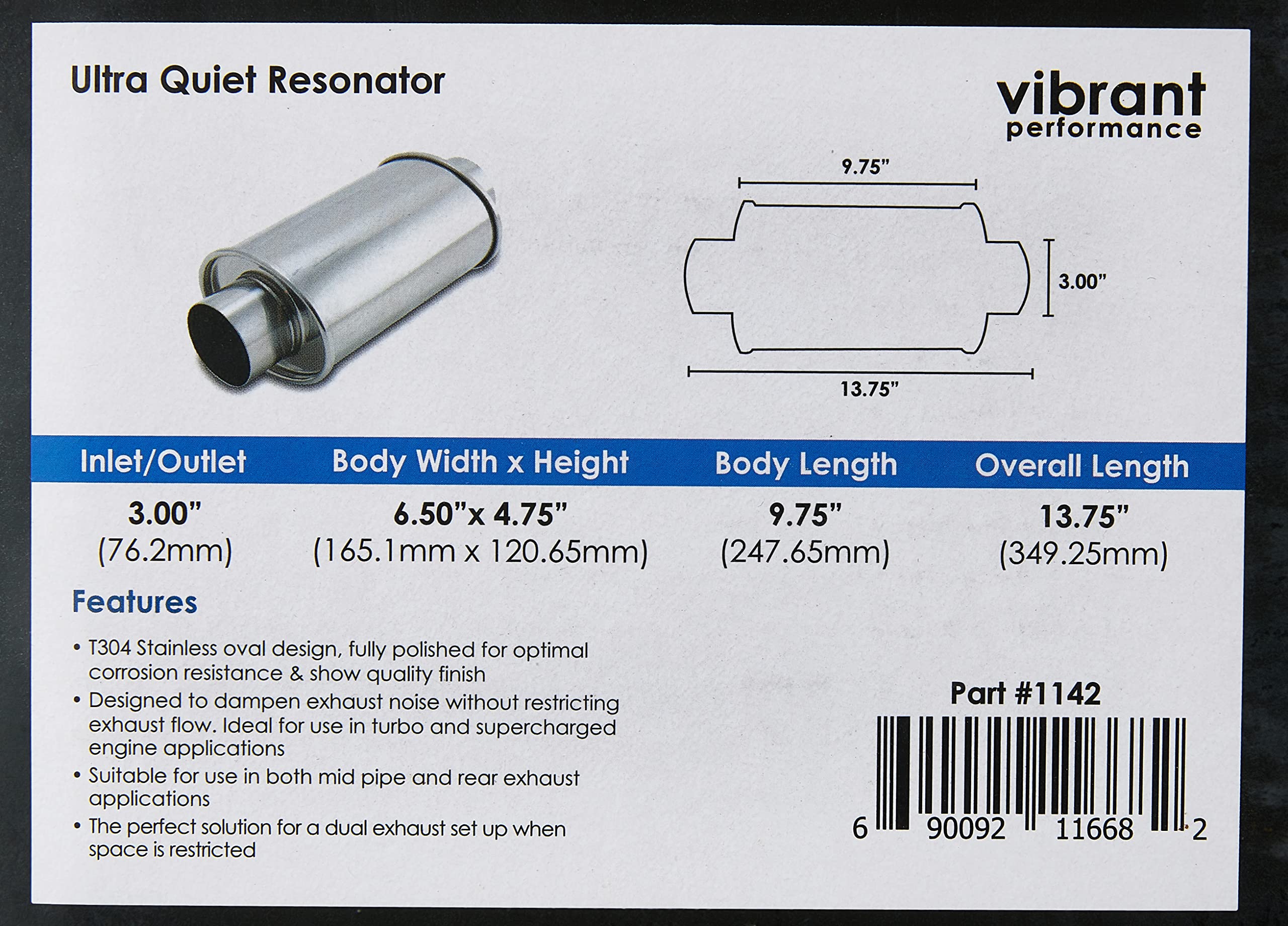Vibrant Performance side view with dimensions, helps verify compact fitment