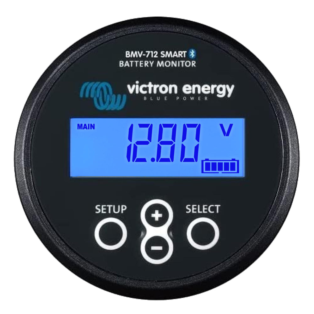 Victron Energy BMV-712 front display showing SOC and voltage, clear monitoring
