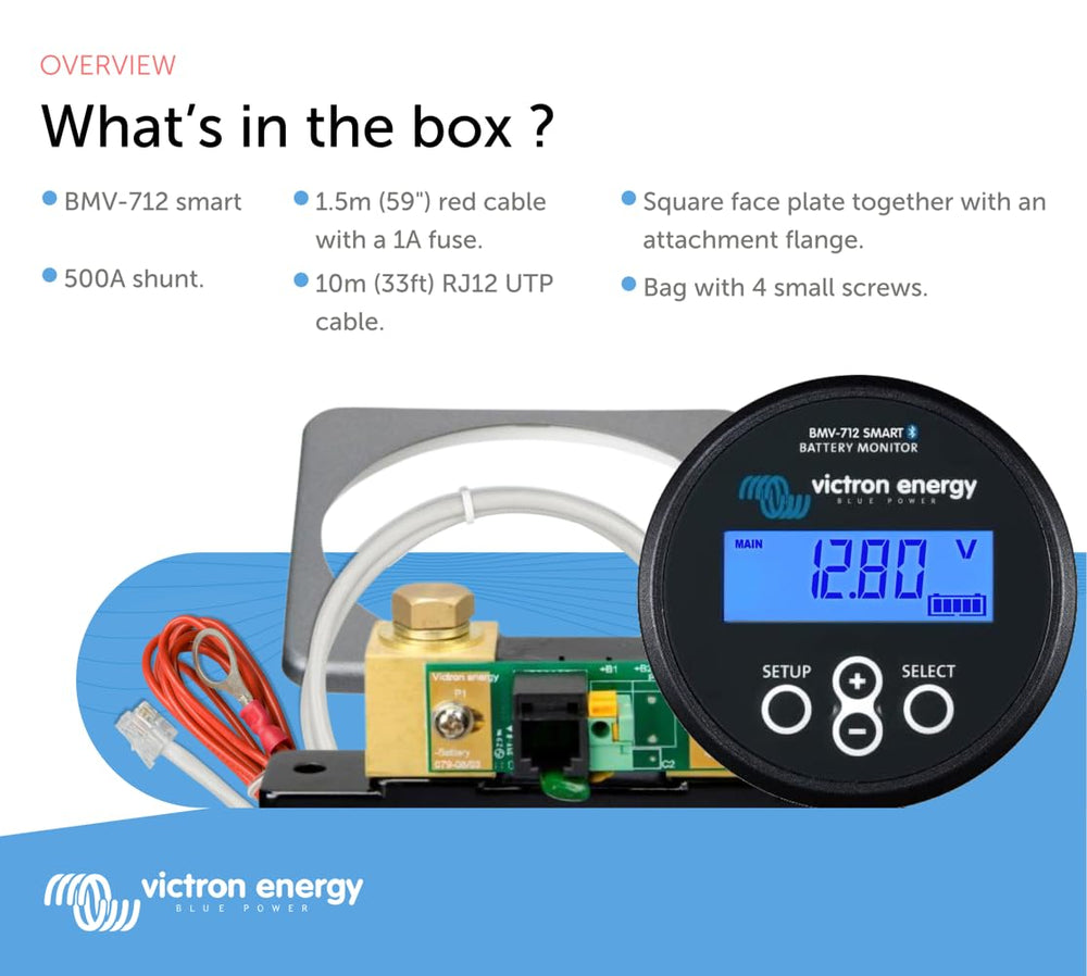 Victron Energy monitor mounted on control panel, compact space-saving installation