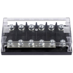 Victron Energy 6-way MEGA fuse holder front view showing six fuse positions and organized cable layout for safe distribution
