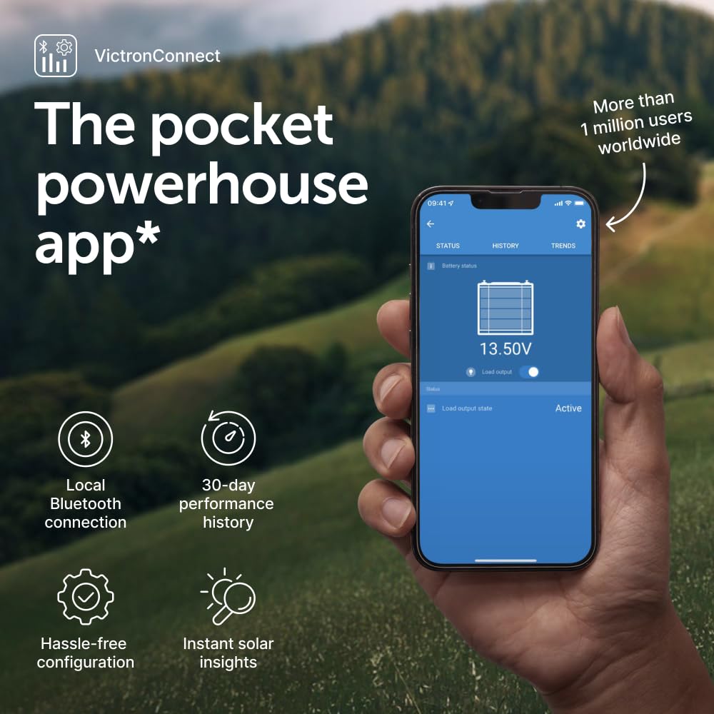 Victron Energy app on phone beside unit showing Bluetooth setup and customizable thresholds