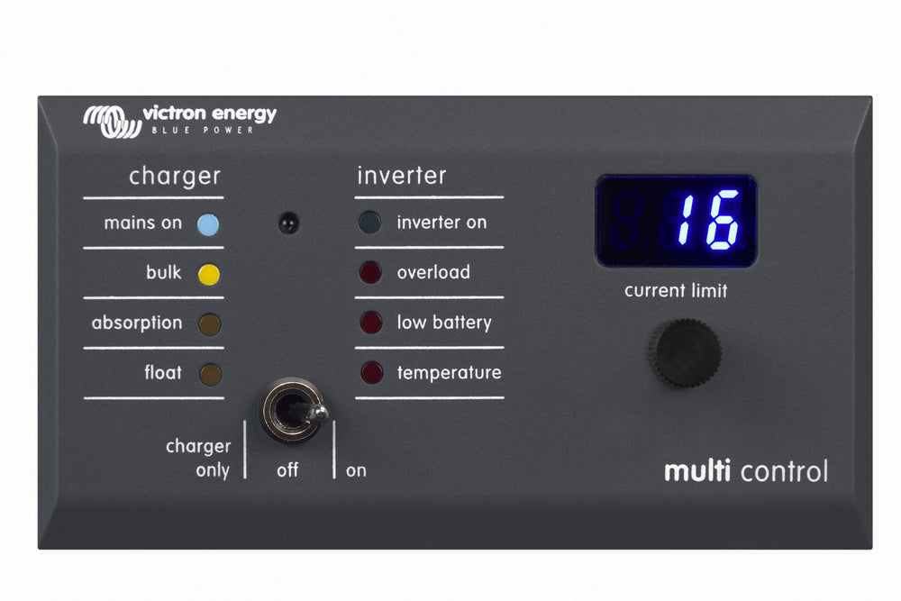 Victron Energy front panel showing display and controls for easy monitoring