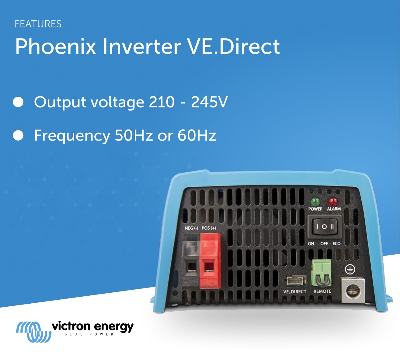 Victron Energy Phoenix beside a 12V battery for scale showing portable convenience