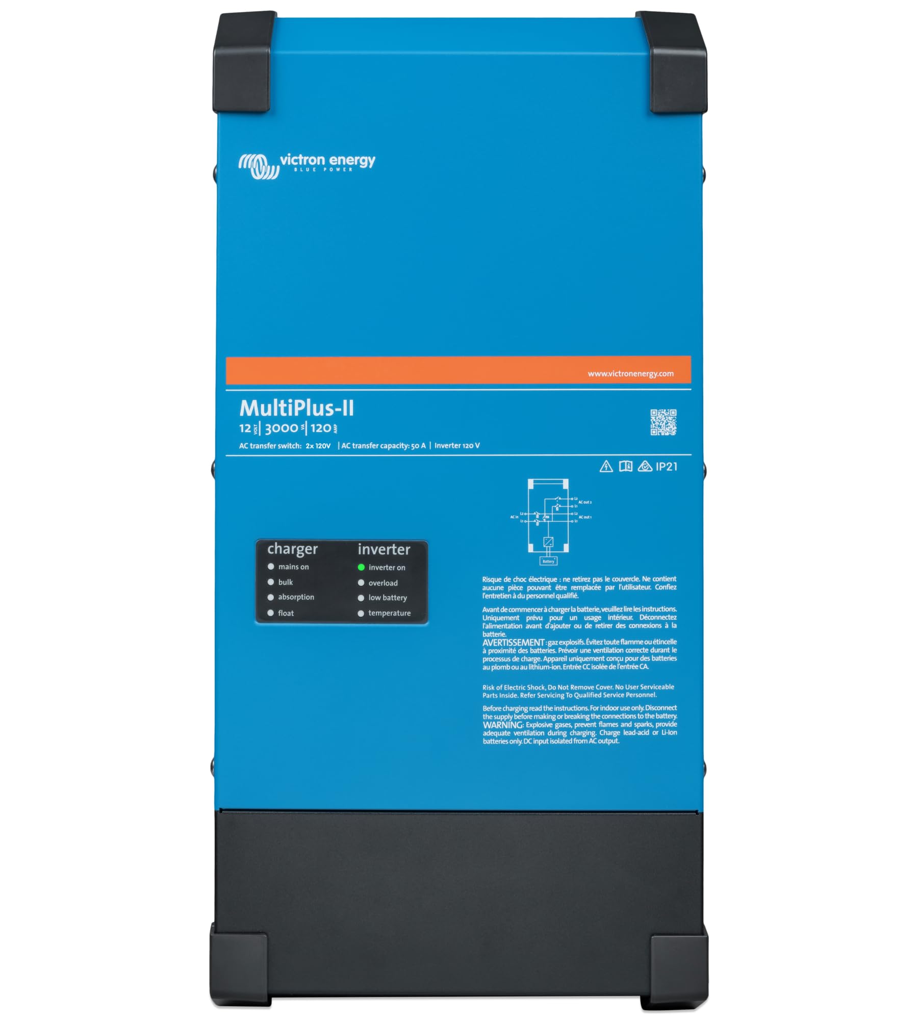 Victron Energy MultiPlus-II front panel showing controls and indicators, clarity for setup