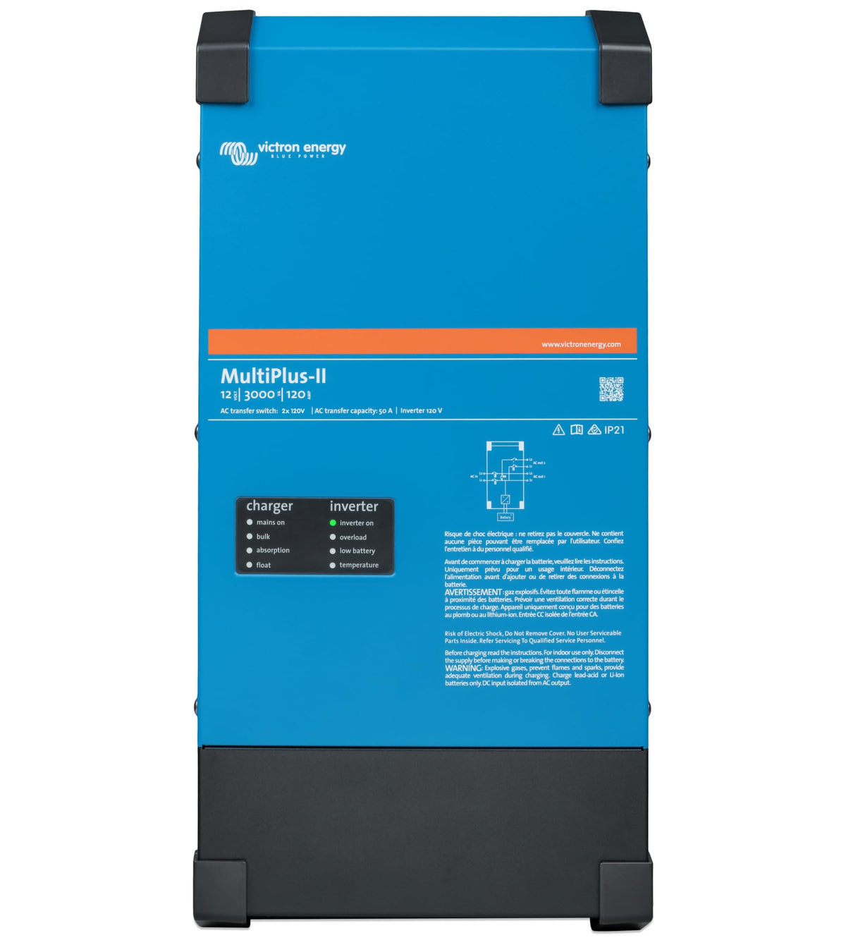 Victron Energy MultiPlus-II front panel showing controls and indicators, clarity for setup