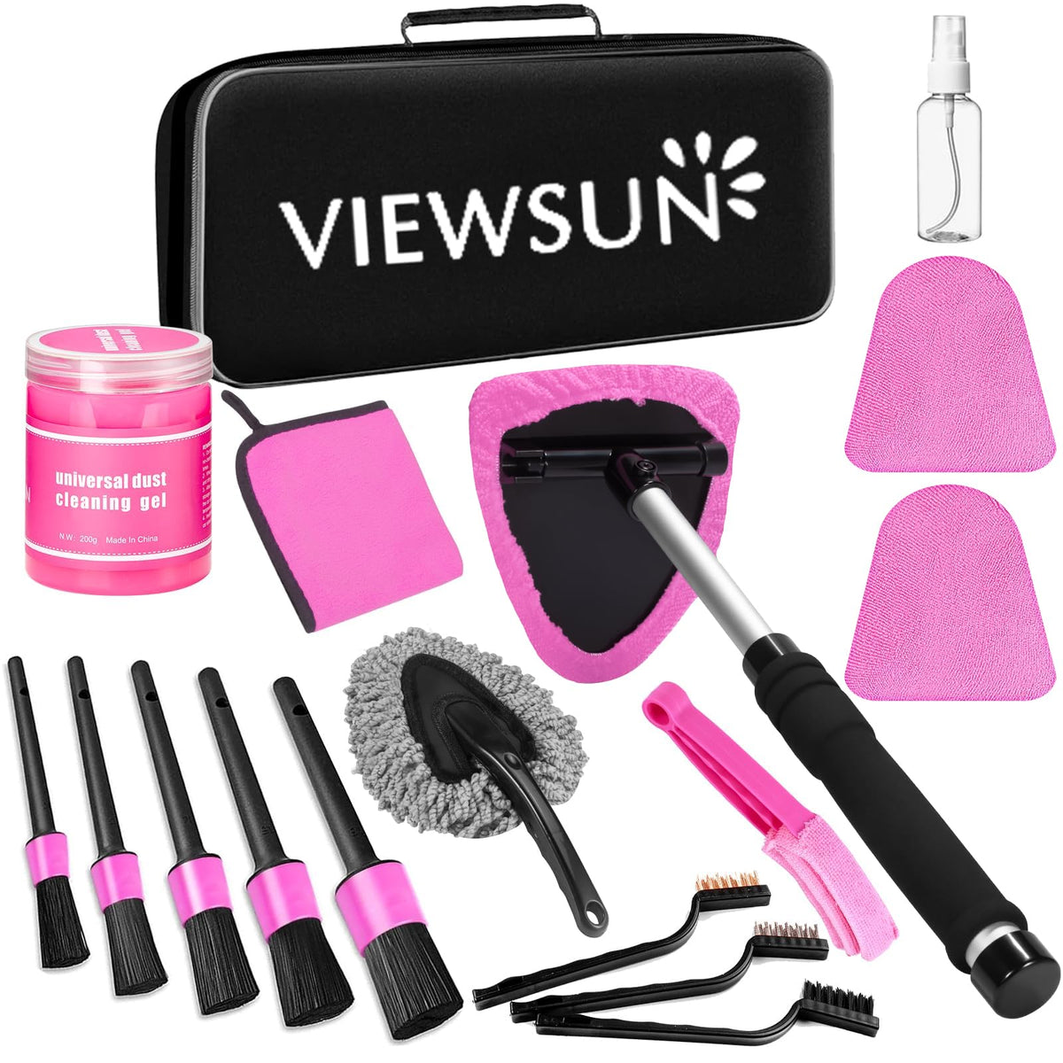 Viewsun front package showing full 17-piece pink detailing kit and storage bag benefit organization