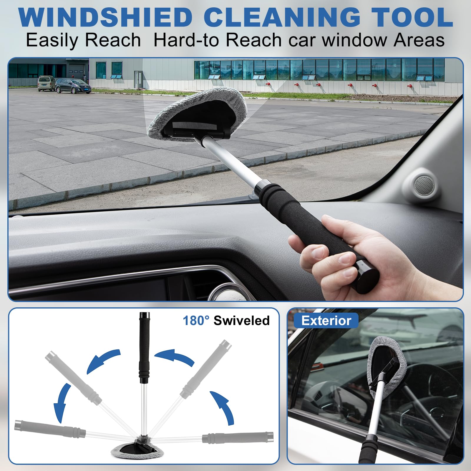 Viewsun windshield cleaner close-up showing swivel head for streak-free glass