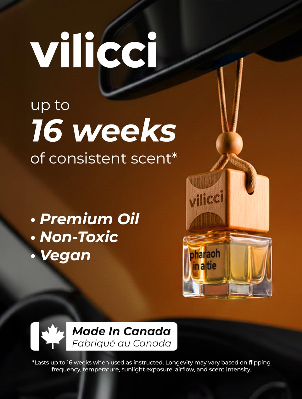Vilicci label close-up showing scent notes and clear product information benefit