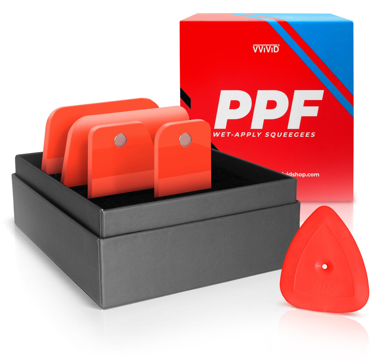 VViViD front view of five squeegees showing kit layout and benefits