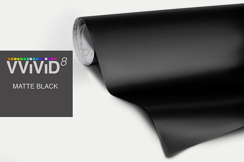 VViViD matte black vinyl roll front panel view showing smooth finish and easy handling benefit
