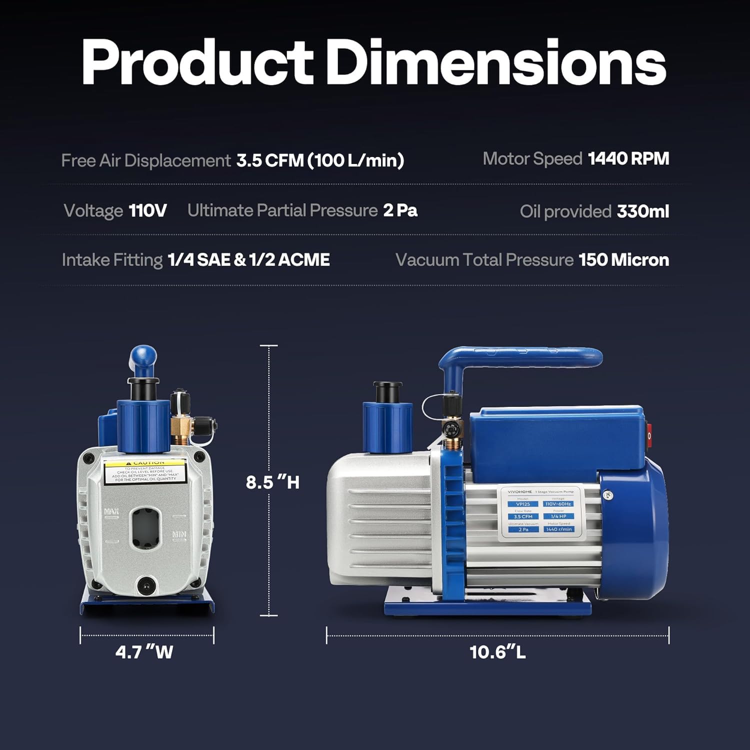 VIVOHOME pump beside a hand showing scale and portability benefits