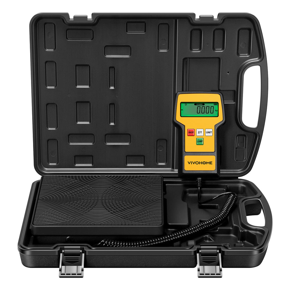 VIVOHOME front view showing scale supporting refrigerant cylinder for secure measurement