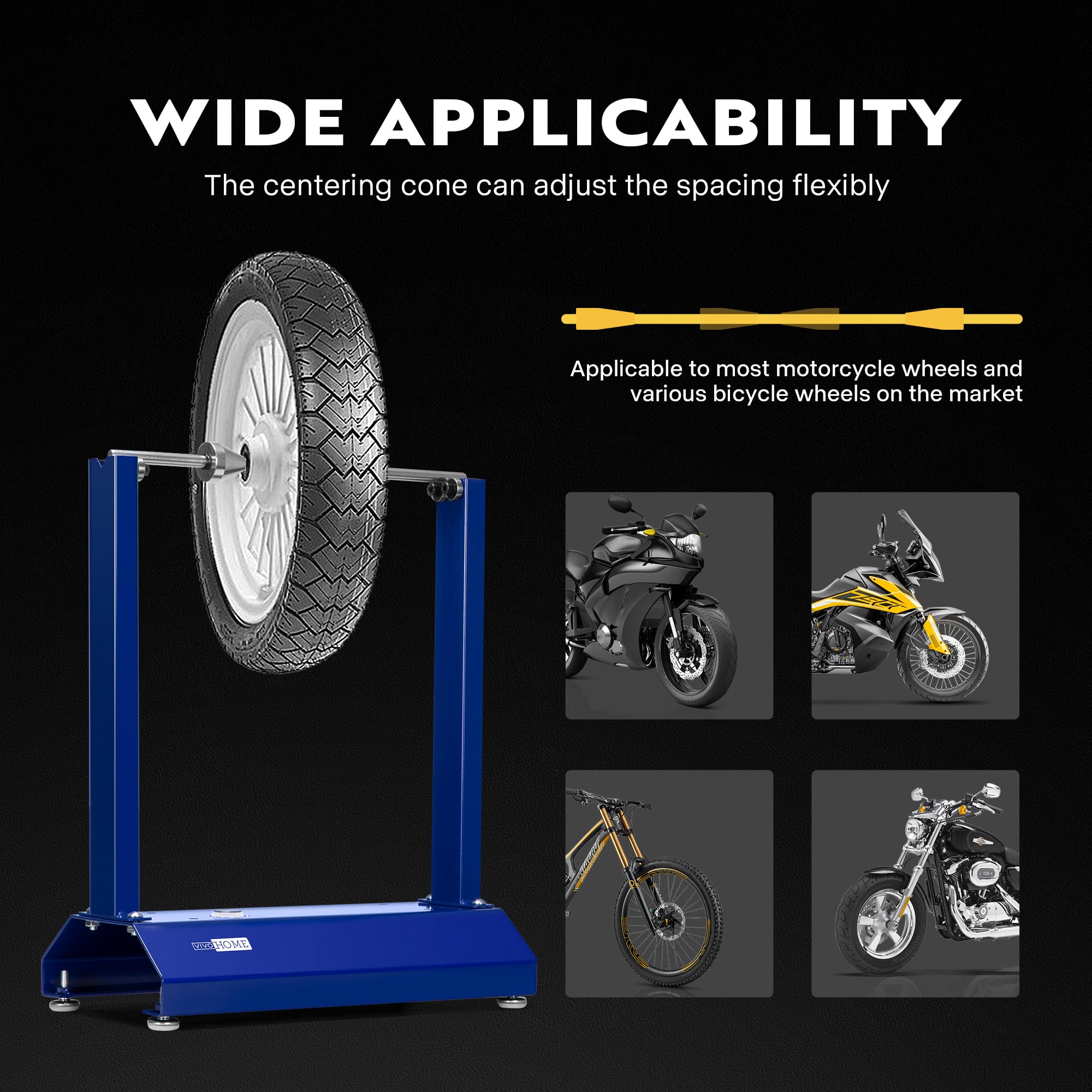VIVOHOME balancer in use on motorcycle wheel demonstrating stable spin for imbalance detection