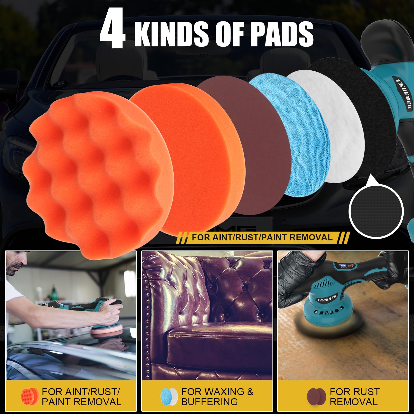 Vkdemer in use on car hood illustrating cordless convenience and smooth finish