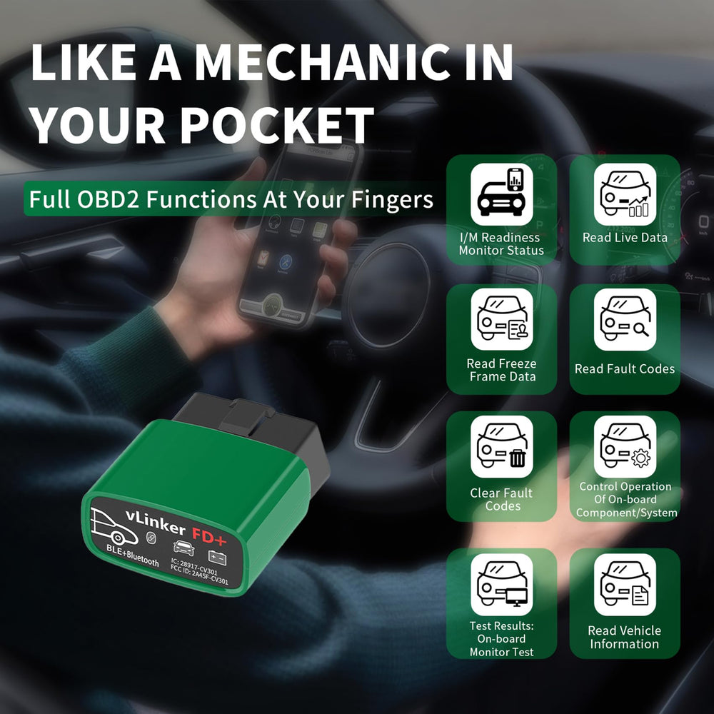vLinker FD+ close-up of OBD connector pins highlighting secure fit